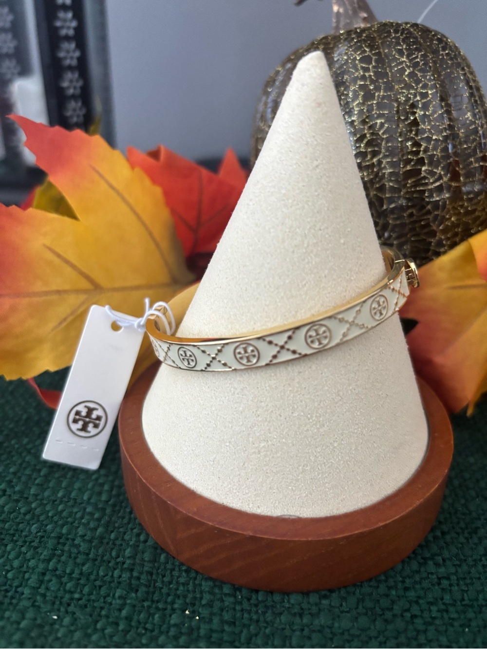 Tory Burch Cream and Gold Logo Enamel Bangle Bracelet